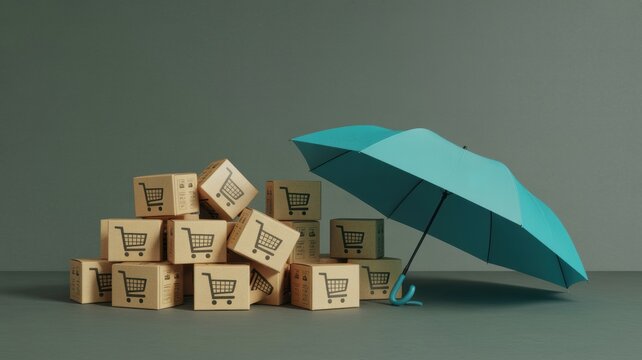 Shipping insurance concept with blue umbrella protecting cardboard packages on grey background