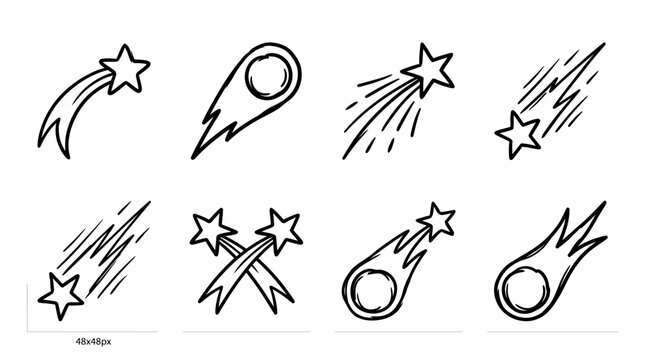 Hand drawn doodle set of shooting stars and comets.