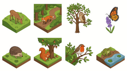 Fototapeta premium Isometric woodland animals and forest habitat elements collection.