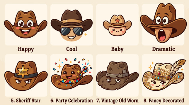 Collection of cartoon cowboy hat character faces with various expressions and styles.