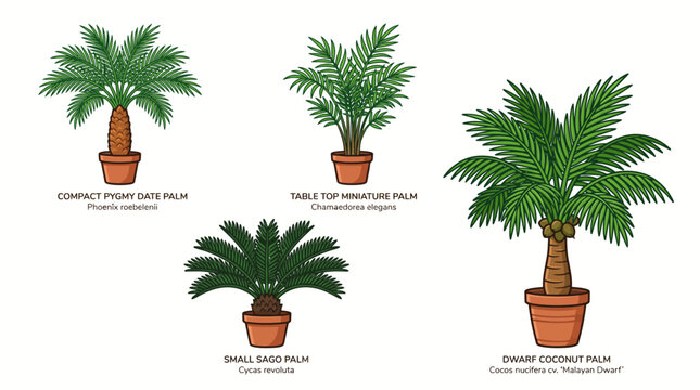 Collection of Potted Houseplants Featuring Various Palm Tree Species.