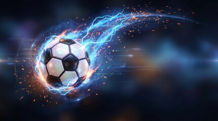 Fototapeta premium Soccer ball with blue lightning trail and sparks