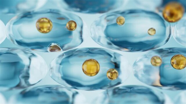 Golden essence is absorbed by the skin, filling the gaps between skin cells, moisturizing and hydrating, anti-aging and anti-wrinkle, rejuvenating cells, laser beauty, cosmetics ads, 3d rendering.