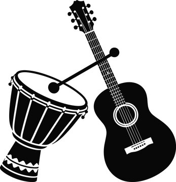 Black silhouette of guitar and djembe drum on white background