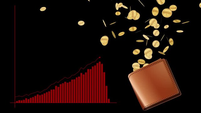 Gold Coins Flying Out of Wallet Against Rising Red Bar Graph