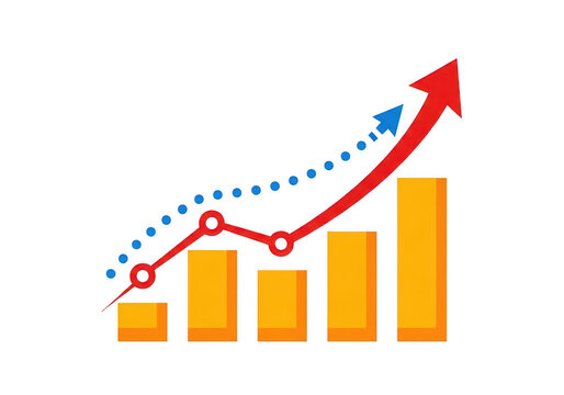 Growth chart with upward trend and bar graph isolated on transparent background