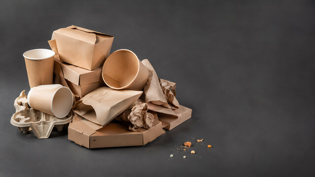 Heap of crumpled brown paper takeaway food containers and empty coffee cups with eco friendly packaging disposable container recycling discarded environment sustainability