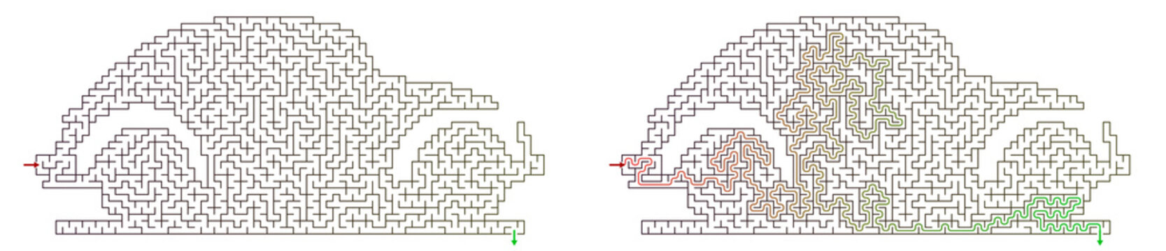 Maze puzzle with a car silhouette illustrating entry and exit points  