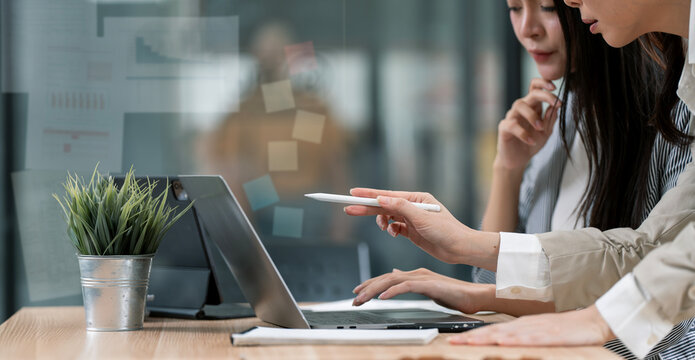 Businesswomen pointing at laptop screen during project brainstorming.