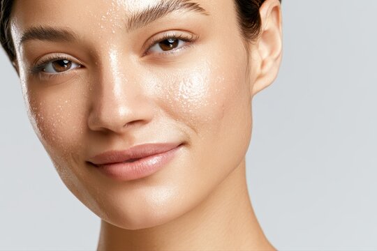 Beautiful female face during professional exfoliating serum treatment, glowing skin and soft neutral background