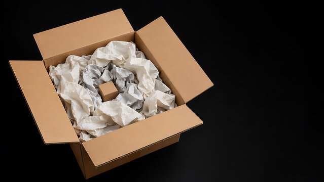 Open cardboard shipping box filled with crumpled paper packaging material e commerce cardboard packaging shipping excessive resource delivery material recycling logistics