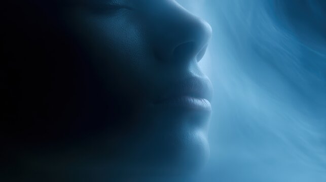 Horizontal cinematic close up of calm human face emerging softly from dark shadows with subtle holographic smoke and blue ambient glow, minimal composition