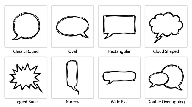 Set of eight hand drawn speech bubbles and thought balloons.