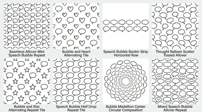Set of eight hand drawn speech bubble patterns and designs.