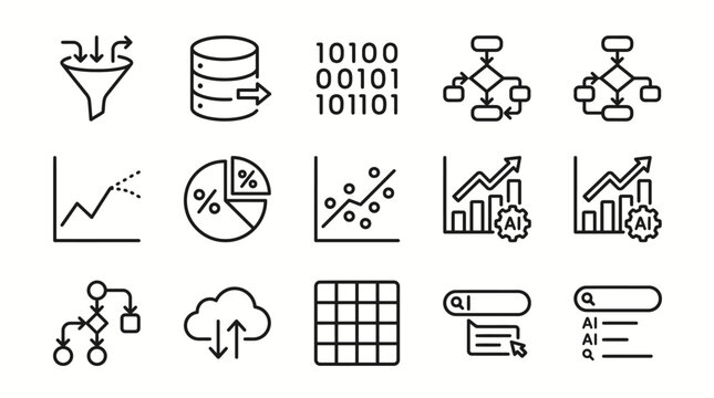 Set of data science and analytics thin line icons.