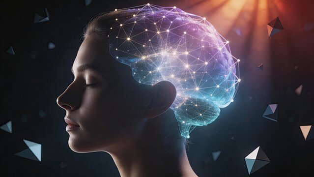 Abstract visualization of human brain as digital neural network, artificial intelligence mind connection, cognitive computing concept, glowing nodes and lines representing machine