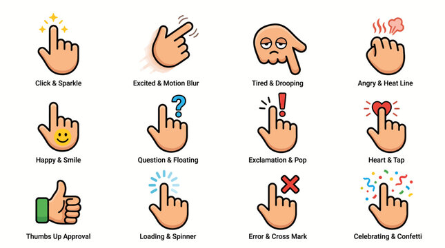 Set of expressive hand gesture icons for digital interface and user interaction.
