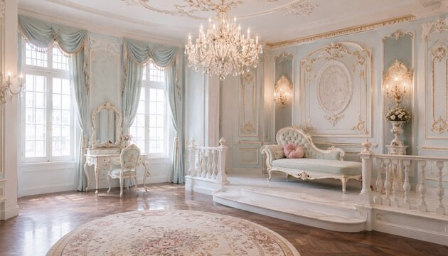 Elegant Rococo Drawing Room with Crystal Chandelier and Pastel Blue Luxury Decor