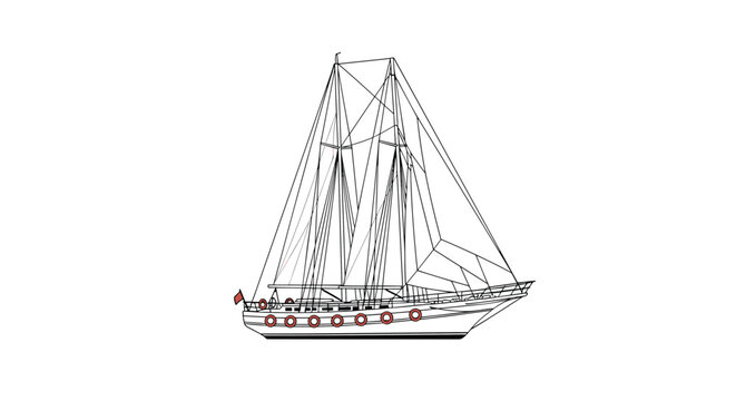 Simple black and white line drawing of a traditional two-masted schooner sailing boat with red lifebuoys along the hull.