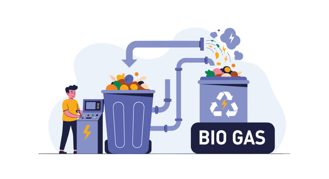 Conceptual illustration of biogas production showing organic waste conversion into renewable energy with storage bins and control panels.