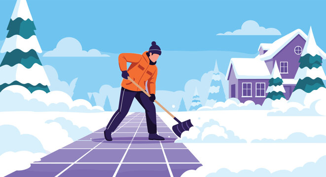 Determined man wearing warm winter clothing shoveling deep snow from a sidewalk in front of a house on a bright sunny winter day.
