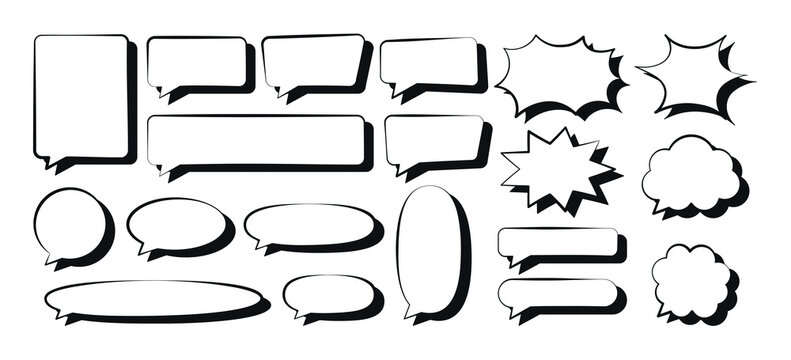 Set of comic speech bubbles with shadow, cloud, explosion shapes, different sizes, vector