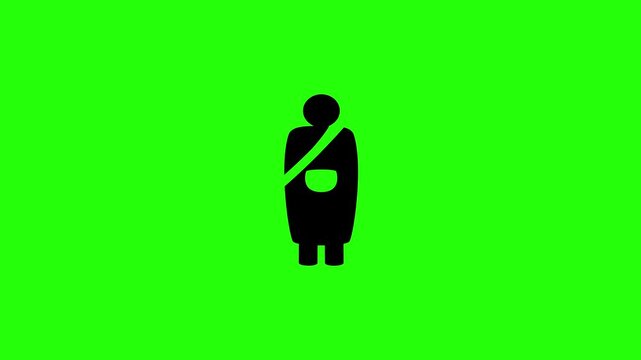 Professional 4K footage of a standing buddhist monk character silhouette holding an alms bowl container bouncing cleanly. Clean religious web graphic.