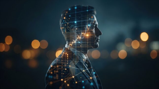 Digital Mindscape: A pensive businessman's profile is superimposed with a glowing digital network, symbolizing intelligence, innovation, and interconnectedness in the modern technological era.