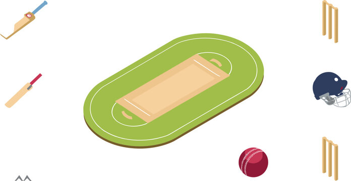 Isometric Cricket Sports Equipment and Ground Vector Set Featuring Bat Ball Helmet Stumps and Pitch on Gray Background