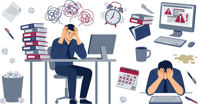 Work Stress and Professional Burnout Vector Illustration Set with Overworked Businessman Suffering from Anxiety and Deadlines at Office Desk