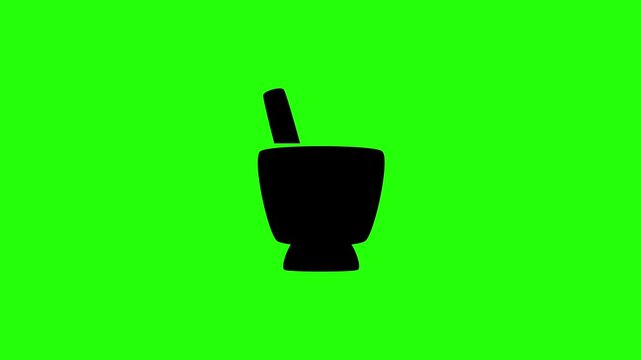 4K horizontal layout featuring a traditional cooking mortar kitchen tool filled with a pestle silhouette bouncing fluidly. Tactical popup food icon.