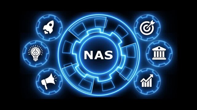 Rotating circles with nas icon and business icons around it in a seamless loop.