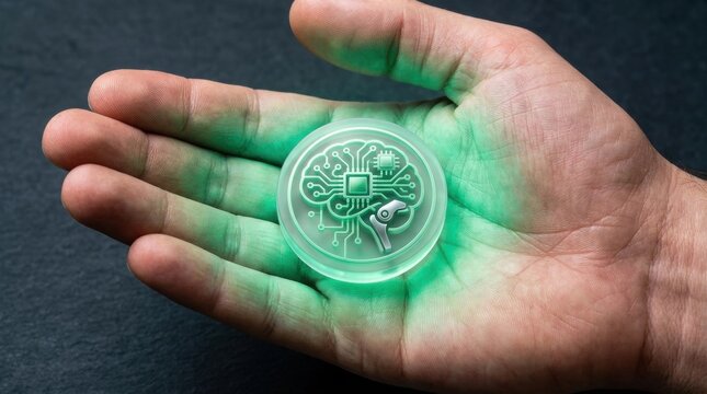Glowing Brain Token: A hand holds a transparent, circular token emblazoned with a glowing green brain emblem, symbolizing intelligence and innovation.