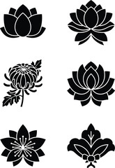 Elegant black lotus and chrysanthemum flower icons