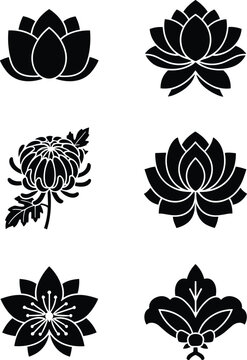 Elegant black lotus and chrysanthemum flower icons