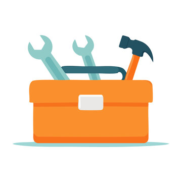 Orange toolbox with wrenches and hammer, flat design