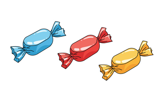 Three pieces of hard candy wrapped in shiny blue red and yellow cellophane isolated on a plain white background.