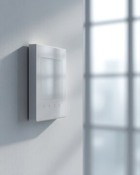 smart home alarm control panel with digital touch interface on modern wall interior