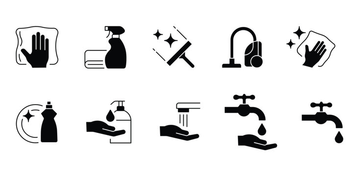 Cleaning service icons set, black hygiene and sanitation symbols, 10 vector elements for housekeeping and hand washing maintenance