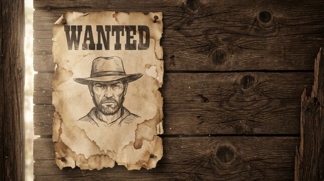 Vintage wanted poster with a sketch of a man in a hat on wooden wall