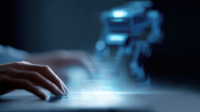 programmer using ai coding assistant with robot hologram software development technology concept