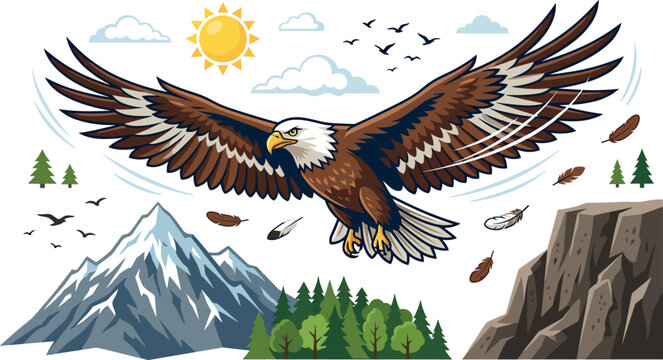 Majestic Flying Bald Eagle and Wilderness Mountain Vector Element Set with Snow Peaks, Pine Forest, Rocky Cliff, Sun, and Feather Icons for Nature Designs