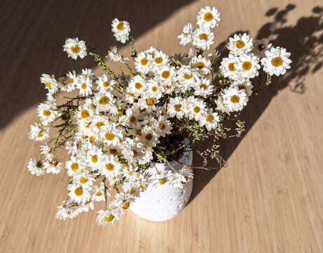 Vase full of white paper daisies in high contrast lighting on a wooden table