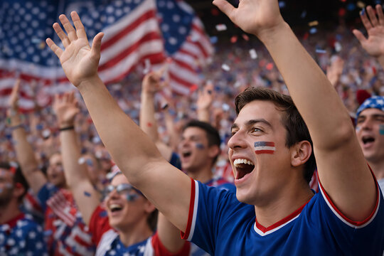 Excited American fans celebrate with passion and national pride at a vibrant sporting event or festive gathering