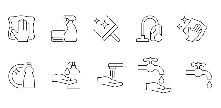 Minimalist cleaning icons set, 10 hygiene and sanitation line vector elements, housekeeping and hand washing symbols for web and mobile apps