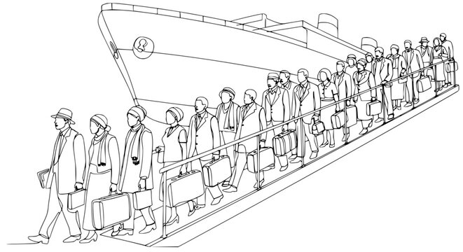 People Boarding Cruise Ship Line Drawing