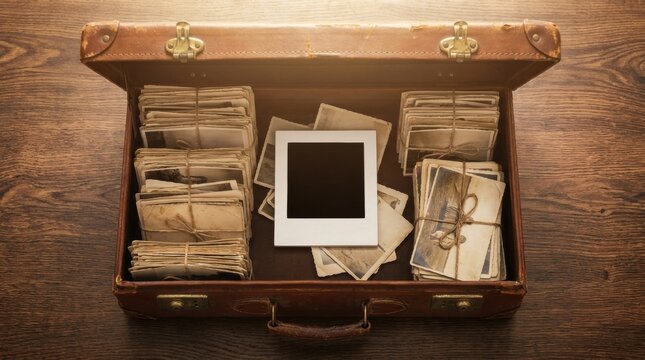 Vintage suitcase filled with stacks of old photographs