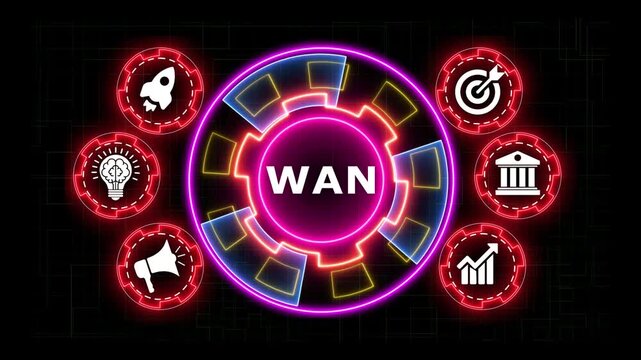 Wan text icon in futuristic glowing gear surrounded by bright business logos.