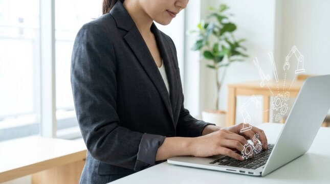 Focused Professional: A businesswoman in a sharp suit types diligently on her laptop, her concentration evident as she works in a bright, modern office space.