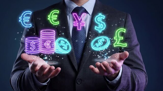 Global currency exchange and finance. Businessman holding glowing money symbols of dollar, euro, yen and pound. International trade, banking, investment and digital fintech economy growth.